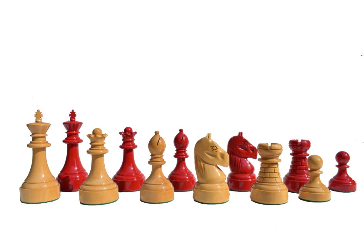 Mechanics Institute Series Chess Pieces Natural Boxwood & Red Lacquered 4.25" King-0