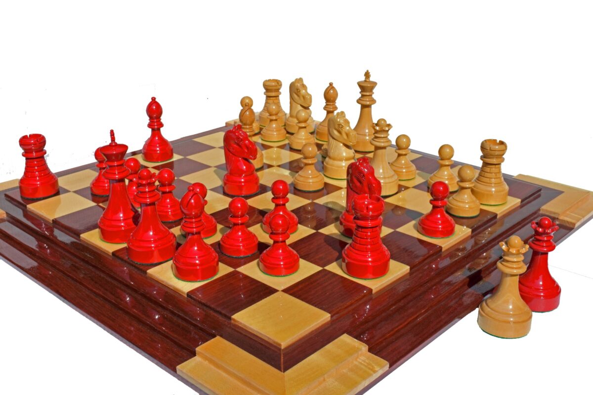 Mechanics Institute Series Chess Pieces Natural Boxwood & Red Lacquered 4.25" King-2064