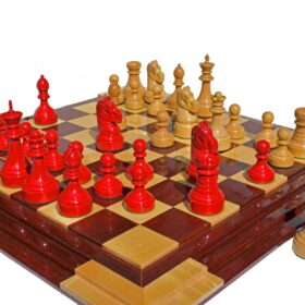 Mechanics Institute Series Chess Pieces Natural Boxwood & Red Lacquered 4.25" King-2064