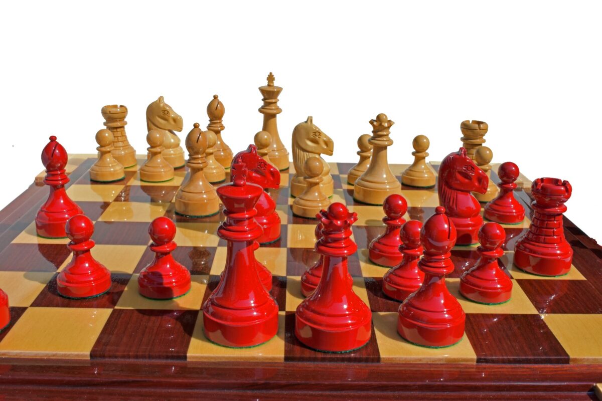 Mechanics Institute Series Chess Pieces Natural Boxwood & Red Lacquered 4.25" King-2061