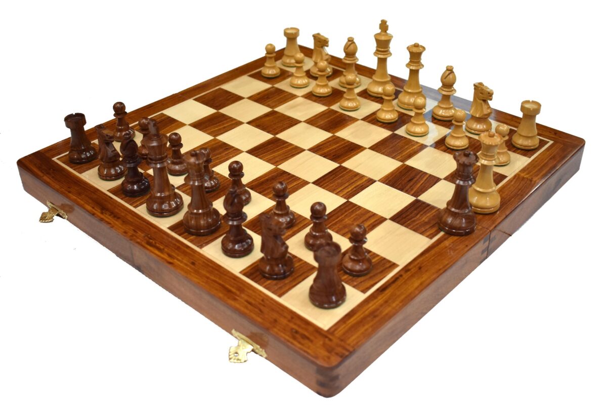 Club Series Chess Set Boxwood & Sheesham 3.75" King with 1.88" Square Folding Chess Board-0