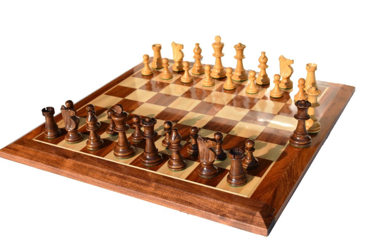 Lardy Staunton Chess set Boxwood & Dark Brown Glided 3.5" King with 1.75" Square Beveled Series Chess Board-0