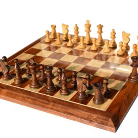 Lardy Staunton Chess set Boxwood & Dark Brown Glided 3.5" King with 1.75" Square Beveled Series Chess Board-0