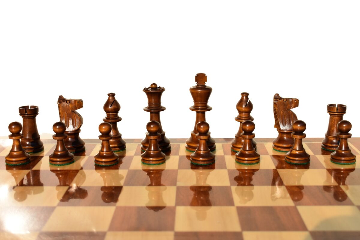 Lardy Staunton Chess set Boxwood & Dark Brown Glided 3.5" King with 1.75" Square Beveled Series Chess Board-4000