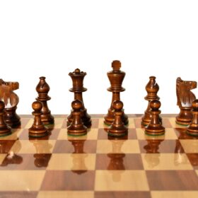 Lardy Staunton Chess set Boxwood & Dark Brown Glided 3.5" King with 1.75" Square Beveled Series Chess Board-4000