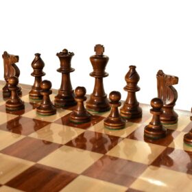 Lardy Staunton Chess set Boxwood & Dark Brown Glided 3.5" King with 1.75" Square Beveled Series Chess Board-4001