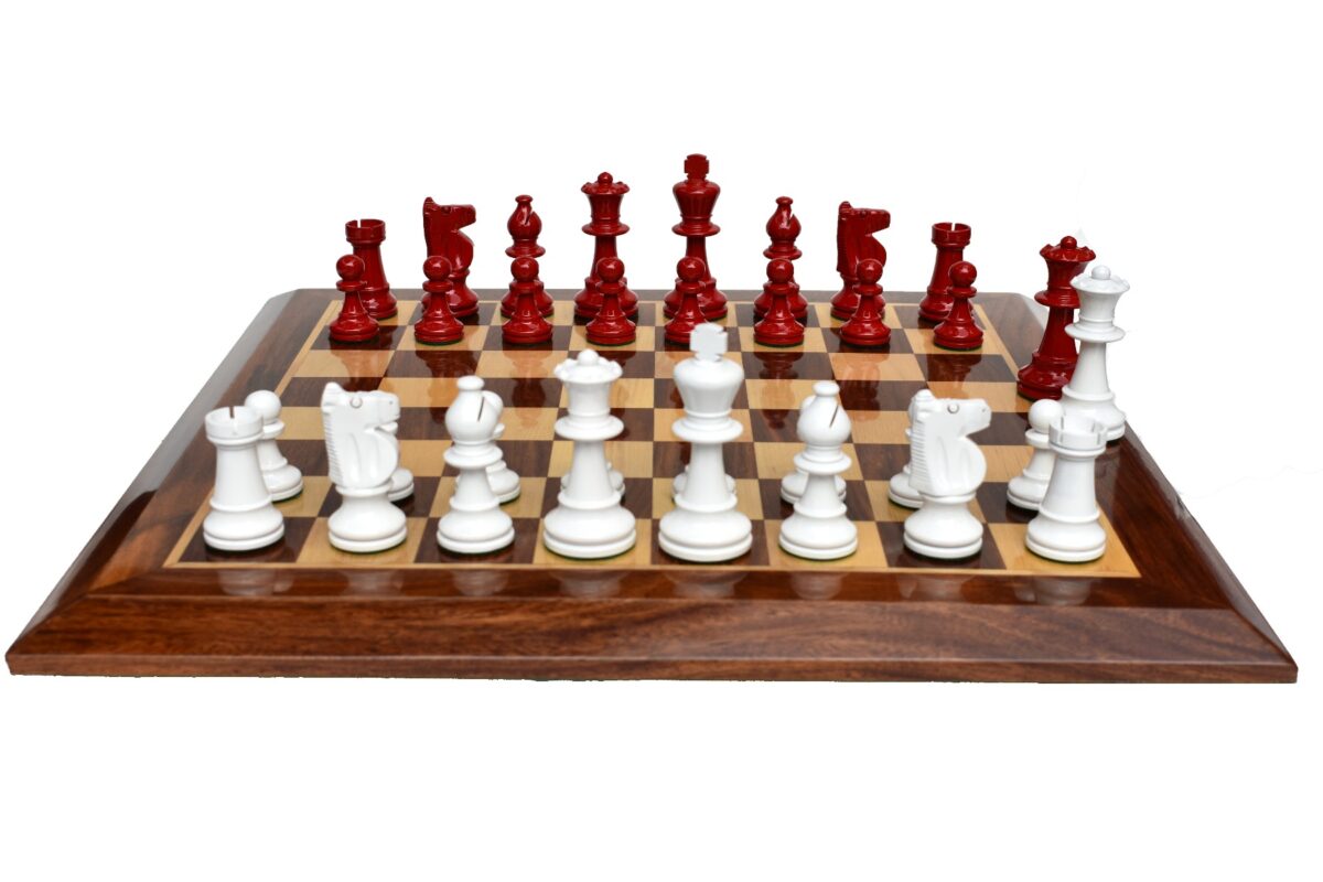 Lardy Staunton Chess Set Ivory White & Red Lacquered 3.5" King with 1.75" Square beveled Chess Board-4003