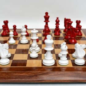 Lardy Staunton Chess Set Ivory White & Red Lacquered 3.5" King with 1.75" Square beveled Chess Board-4004