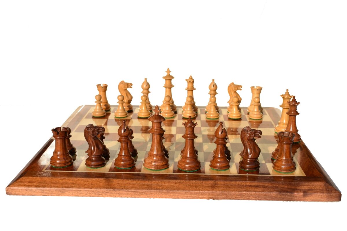 The Royal Staunton Chess Set Boxwood & Acacia 4" King with 2" Square Beveled Series Chess Board-4100