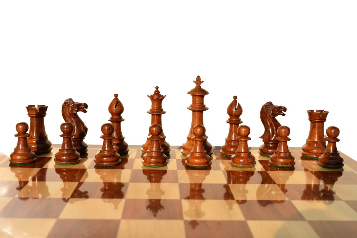 The Royal Staunton Chess Set Boxwood & Acacia 4" King with 2" Square Beveled Series Chess Board-4104