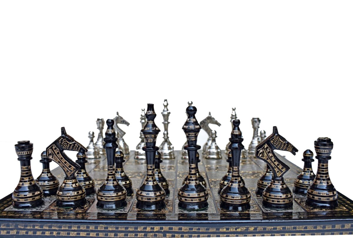 The Castle Carved Chess Set Silver & Black Coated Brass 3.75" King with 14" Brass Chess Board-6186