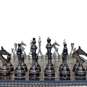 The Castle Carved Chess Set Silver & Black Coated Brass 3.75" King with 14" Brass Chess Board-6186