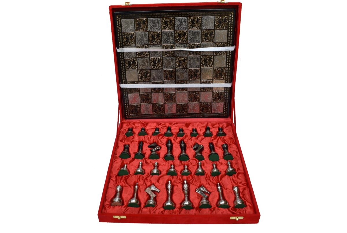 The Castle Carved Chess Set Silver & Black Coated Brass 3.75" King with 14" Brass Chess Board-6193