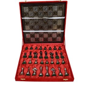 The Castle Carved Chess Set Silver & Black Coated Brass 3.75" King with 14" Brass Chess Board-6193