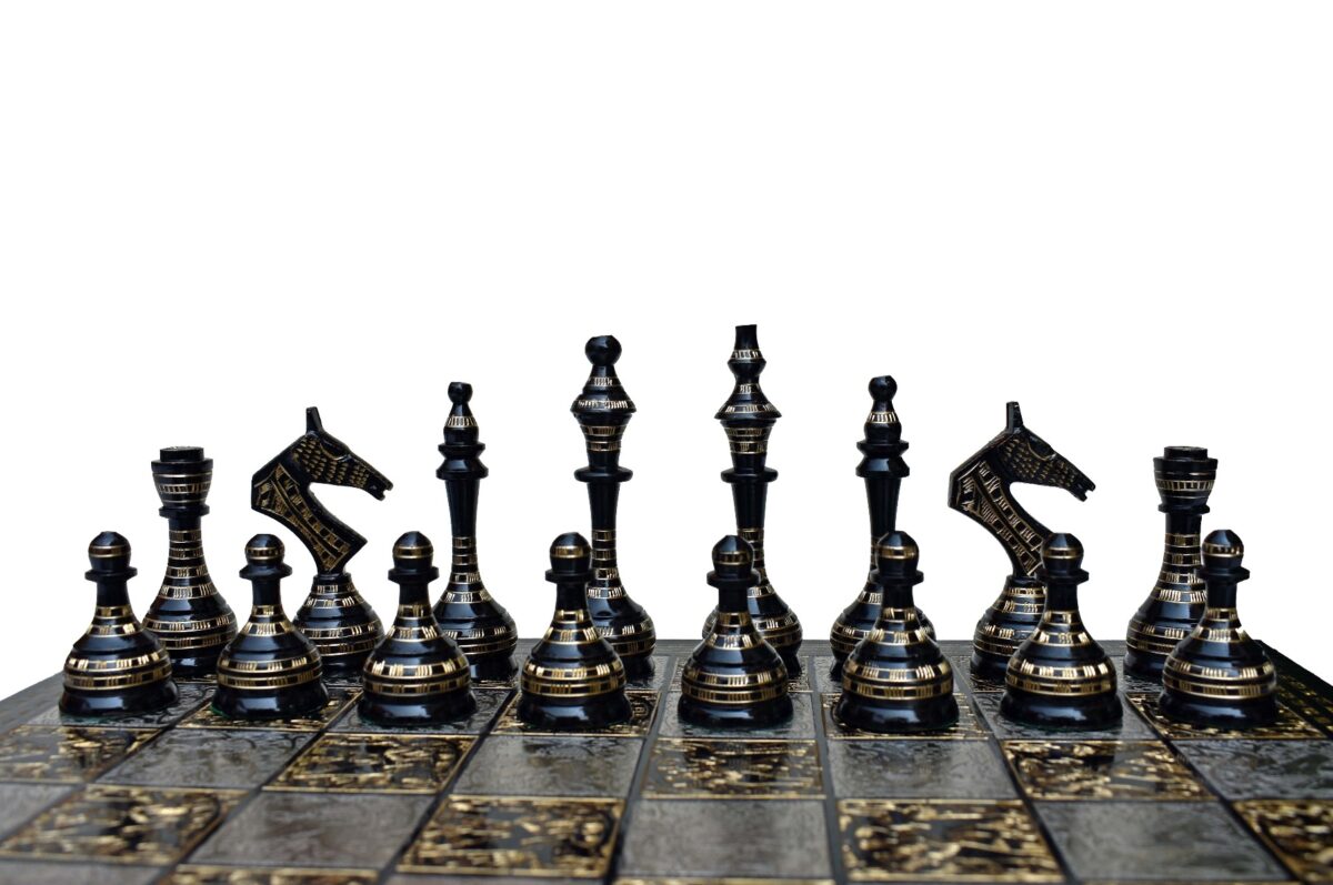 The Castle Carved Chess Set Silver & Black Coated Brass 3.75" King with 14" Brass Chess Board-6188