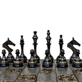 The Castle Carved Chess Set Silver & Black Coated Brass 3.75" King with 14" Brass Chess Board-6188