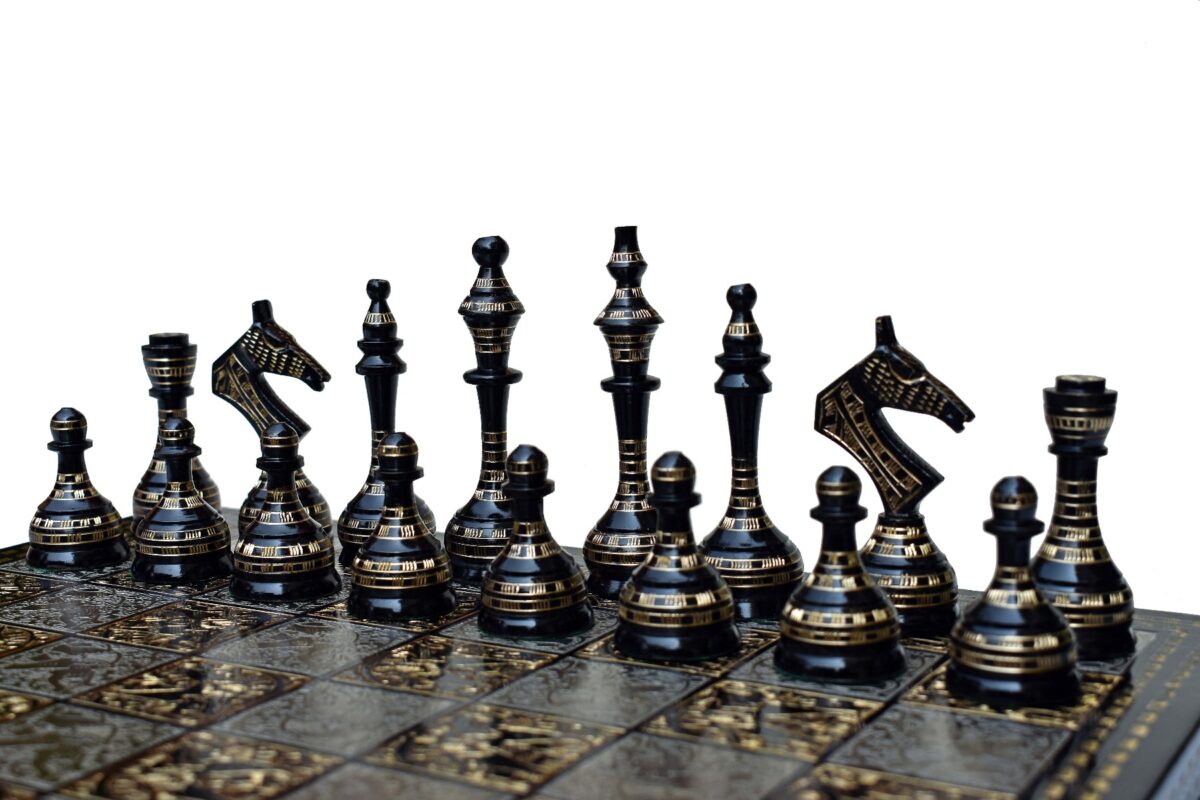 The Castle Carved Chess Set Silver & Black Coated Brass 3.75" King with 14" Brass Chess Board-6189