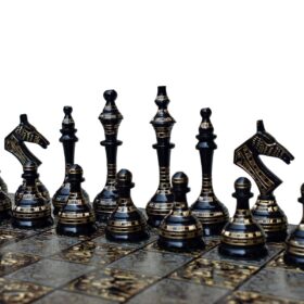 The Castle Carved Chess Set Silver & Black Coated Brass 3.75" King with 14" Brass Chess Board-6189