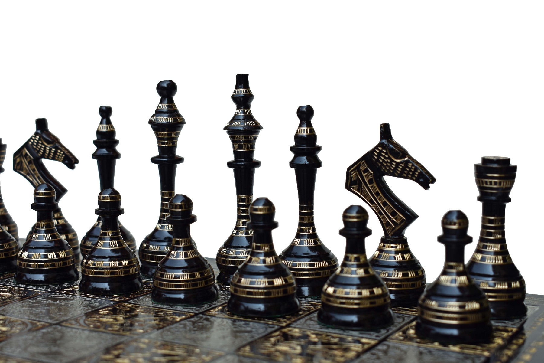 The Castle Carved Chess Set Silver & Black Coated Brass 3.75" King with 14" Brass Chess Board-6190