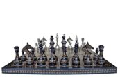 The Castle Carved Chess Set Silver & Black Coated Brass 3.75" King with 14" Brass Chess Board-0