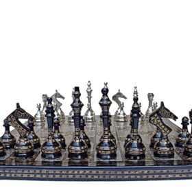 The Castle Carved Chess Set Silver & Black Coated Brass 3.75" King with 14" Brass Chess Board-0