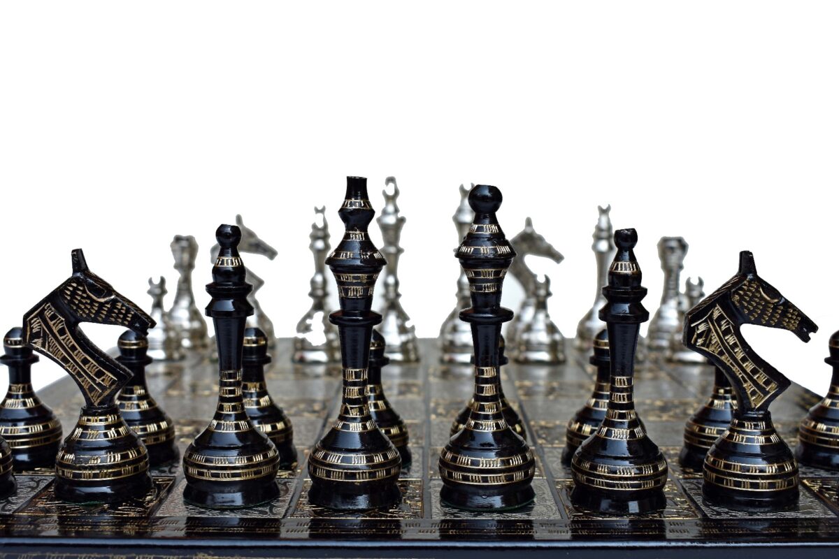 The Castle Carved Chess Set Silver & Black Coated Brass 3.75" King with 14" Brass Chess Board-6191