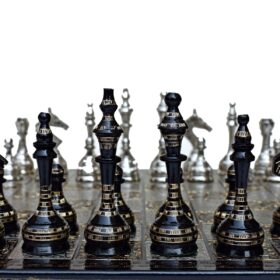 The Castle Carved Chess Set Silver & Black Coated Brass 3.75" King with 14" Brass Chess Board-6191