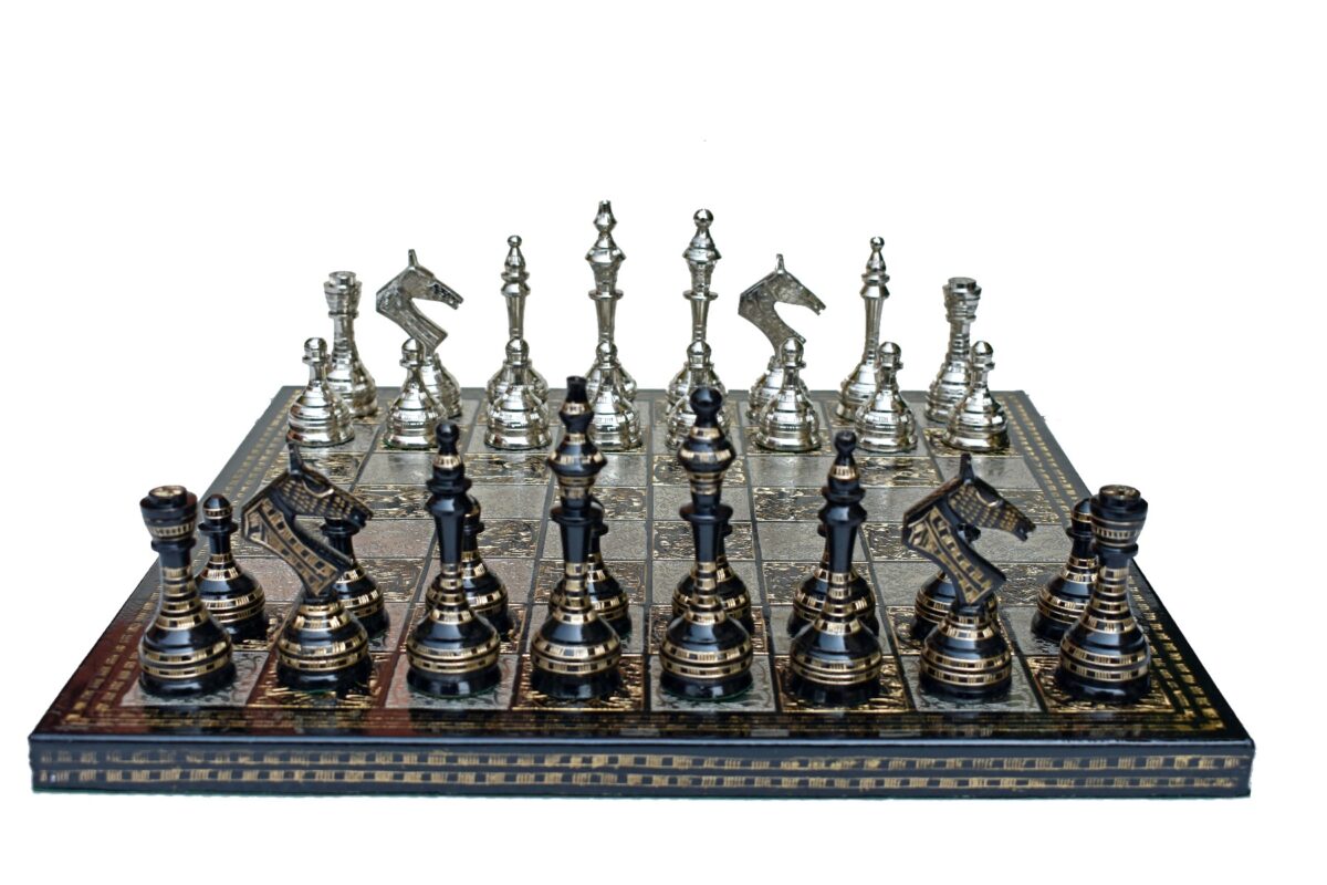 The Castle Carved Chess Set Silver & Black Coated Brass 3.75" King with 14" Brass Chess Board-6185