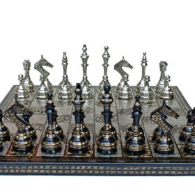 The Castle Carved Chess Set Silver & Black Coated Brass 3.75" King with 14" Brass Chess Board-6185