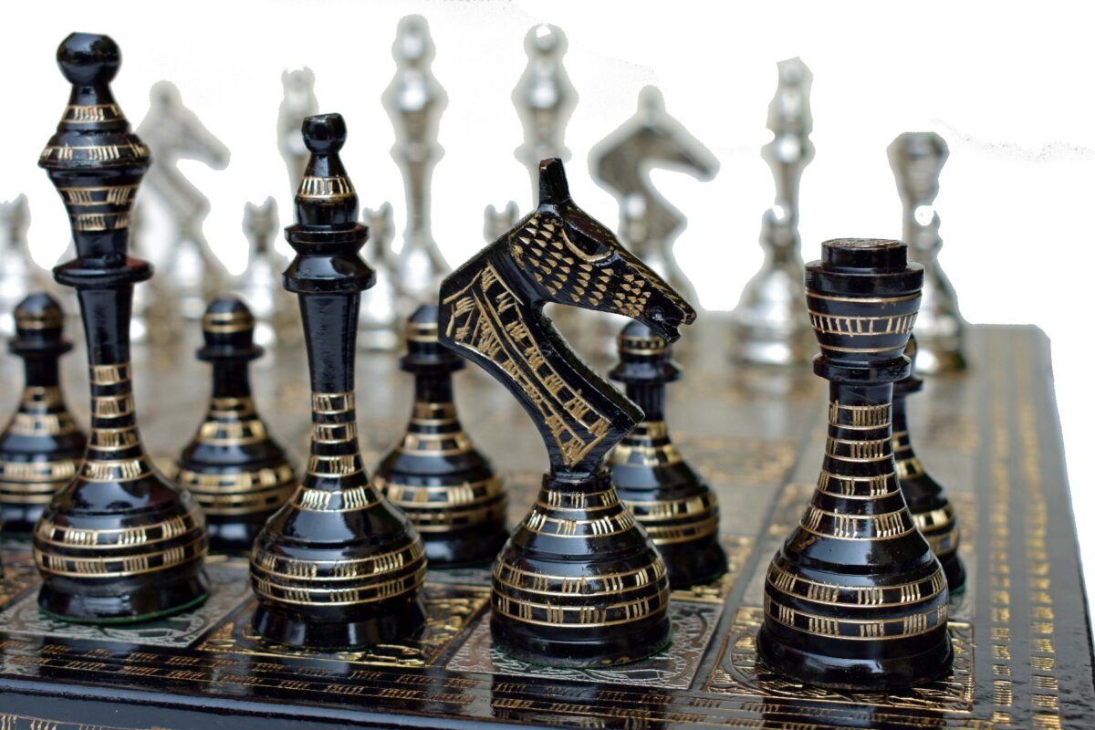 The Castle Carved Chess Set Silver & Black Coated Brass 3.75" King with 14" Brass Chess Board-6192