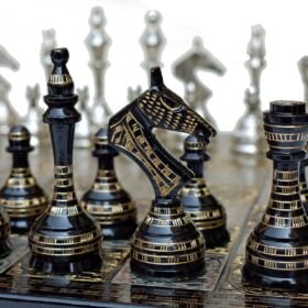 The Castle Carved Chess Set Silver & Black Coated Brass 3.75" King with 14" Brass Chess Board-6192