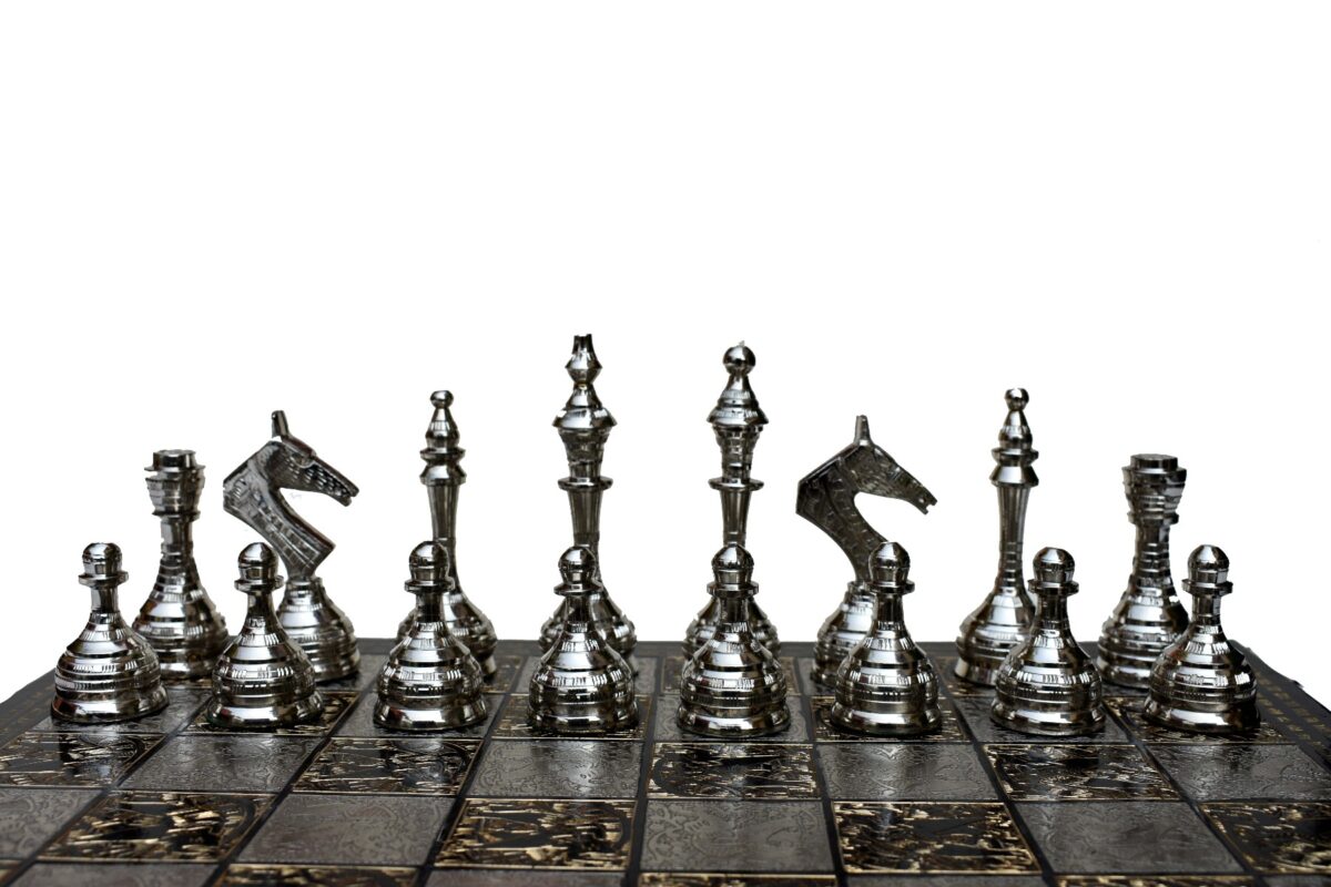 The Castle Carved Chess Set Silver & Black Coated Brass 3.75" King with 14" Brass Chess Board-6187