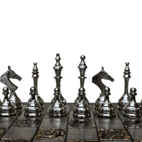 The Castle Carved Chess Set Silver & Black Coated Brass 3.75" King with 14" Brass Chess Board-6187