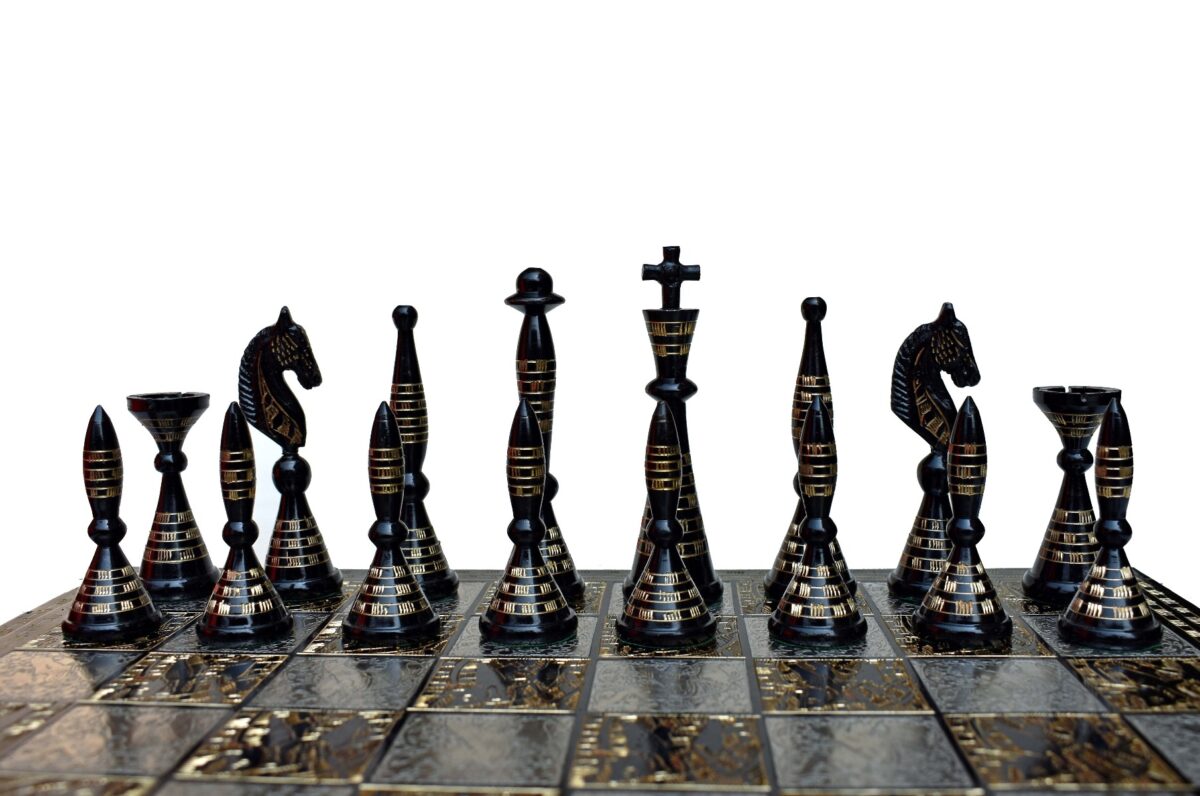 The Palm Art Series Chess set Silver & Black Coated Brass 3.5" King with 12" Brass Chess Board-6209