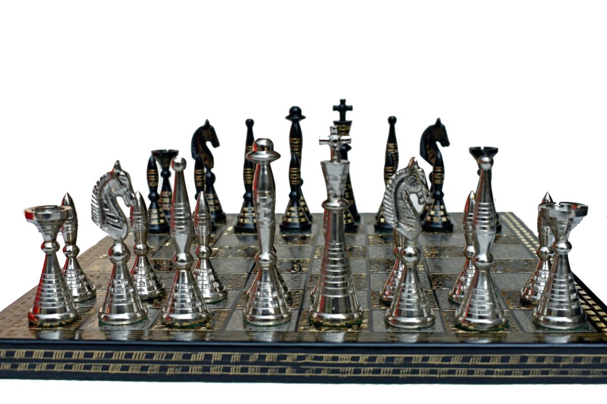 The Palm Art Series Chess set Silver & Black Coated Brass 3.5" King with 12" Brass Chess Board-6206