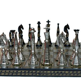 The Palm Art Series Chess set Silver & Black Coated Brass 3.5" King with 12" Brass Chess Board-6206