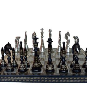 The Palm Art Series Chess set Silver & Black Coated Brass 3.5" King with 12" Brass Chess Board-0