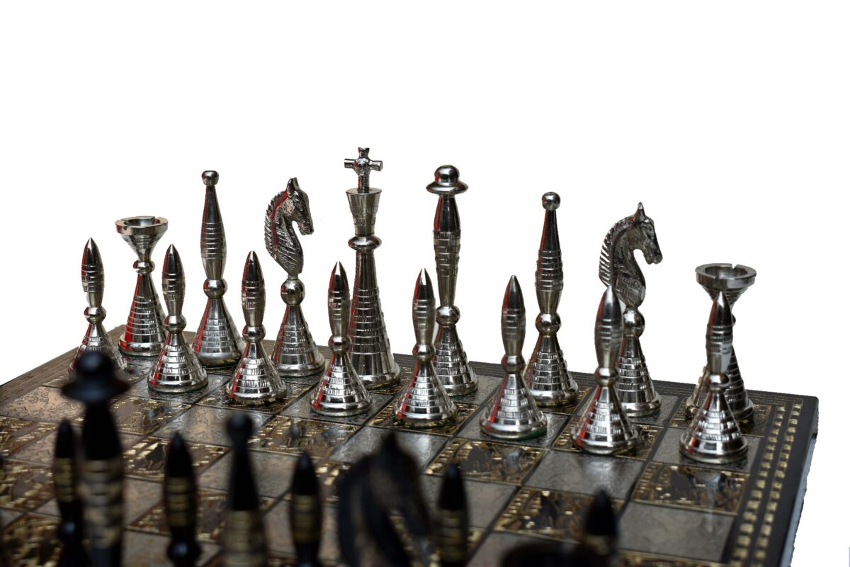 The Palm Art Series Chess set Silver & Black Coated Brass 3.5" King with 12" Brass Chess Board-6208