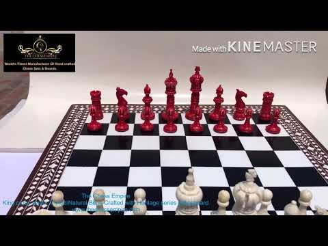 The Kings Cross Series Chess set Natural Bone & Red Stained bone 4" King with Heritage Series chess board-4836