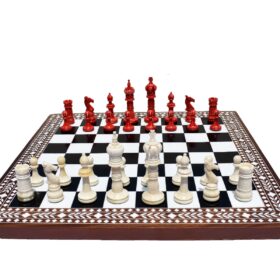 The Kings Cross Series Chess set Natural Bone & Red Stained bone 4" King with Heritage Series chess board-0