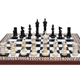 The Kings Cross Series Chess Set Natural Bone & Black Stained bone 4" King with Heritage series chess board-0