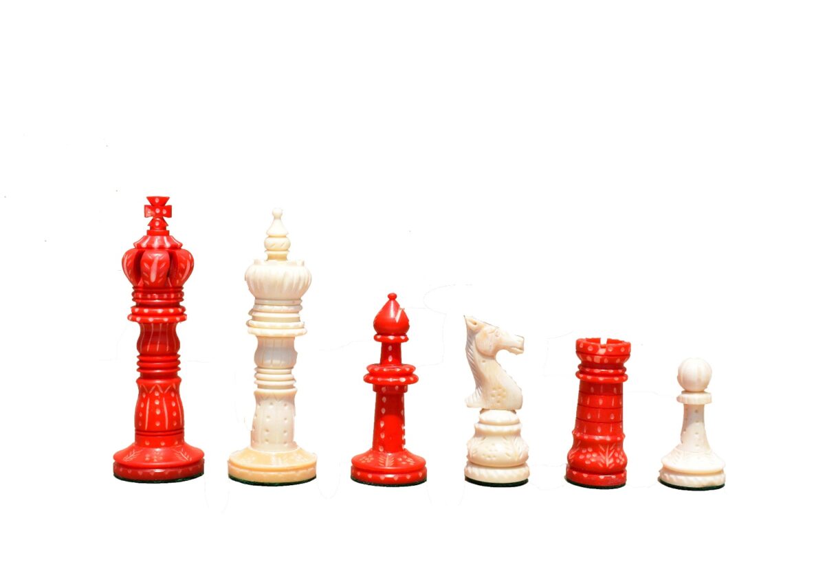 The Kings Cross Series Chess set Natural Bone & Red Stained bone 4" King with Heritage Series chess board-4833