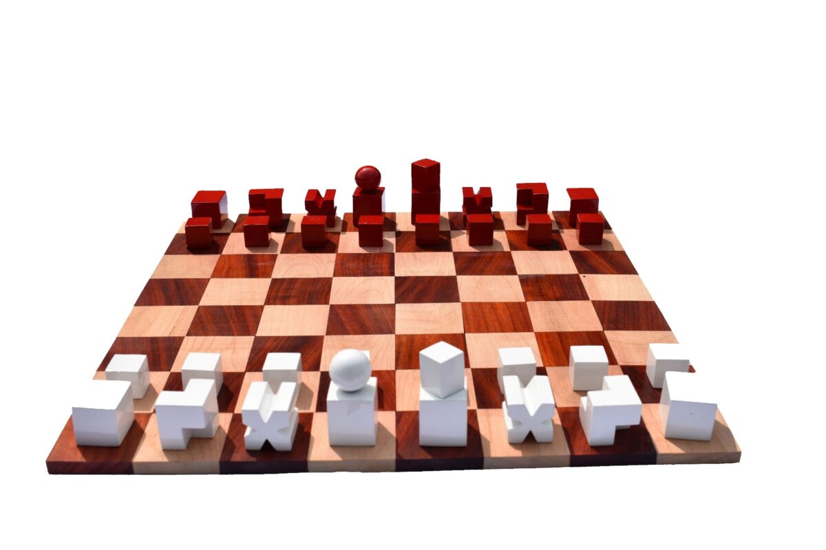 1923 Bauhaus Series Chess set Ivory White & Red Lacquered 2" King with Rolling chess Board-5358