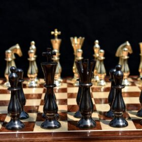 Majestic Series Chess set Natural Brass & Antiqued Brass 3.5" King with 14" Folding Chess Board-5389