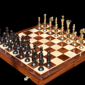 Majestic Series Chess set Natural Brass & Antiqued Brass 3.5" King with 14" Folding Chess Board-0