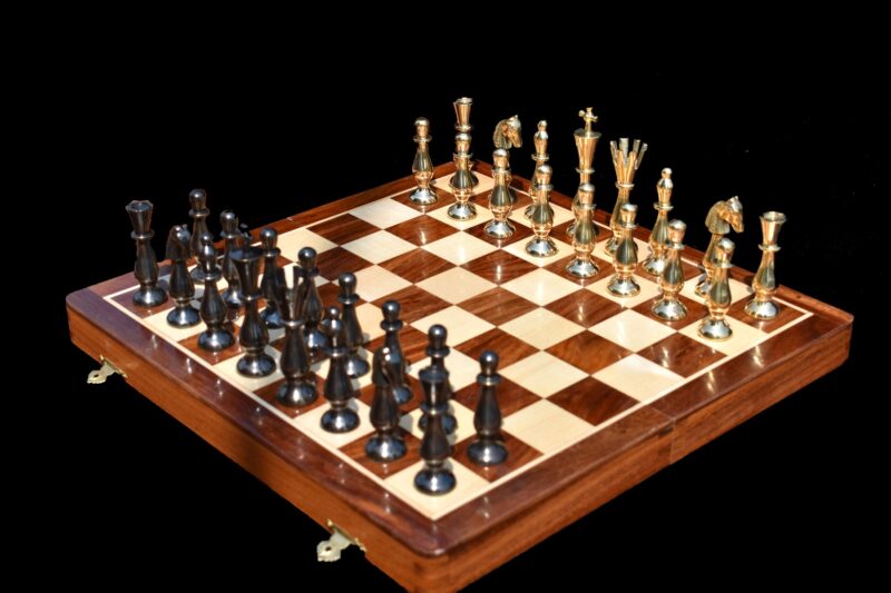 Majestic Series Chess set Natural Brass & Antiqued Brass 3.5" King with 14" Folding Chess Board-0