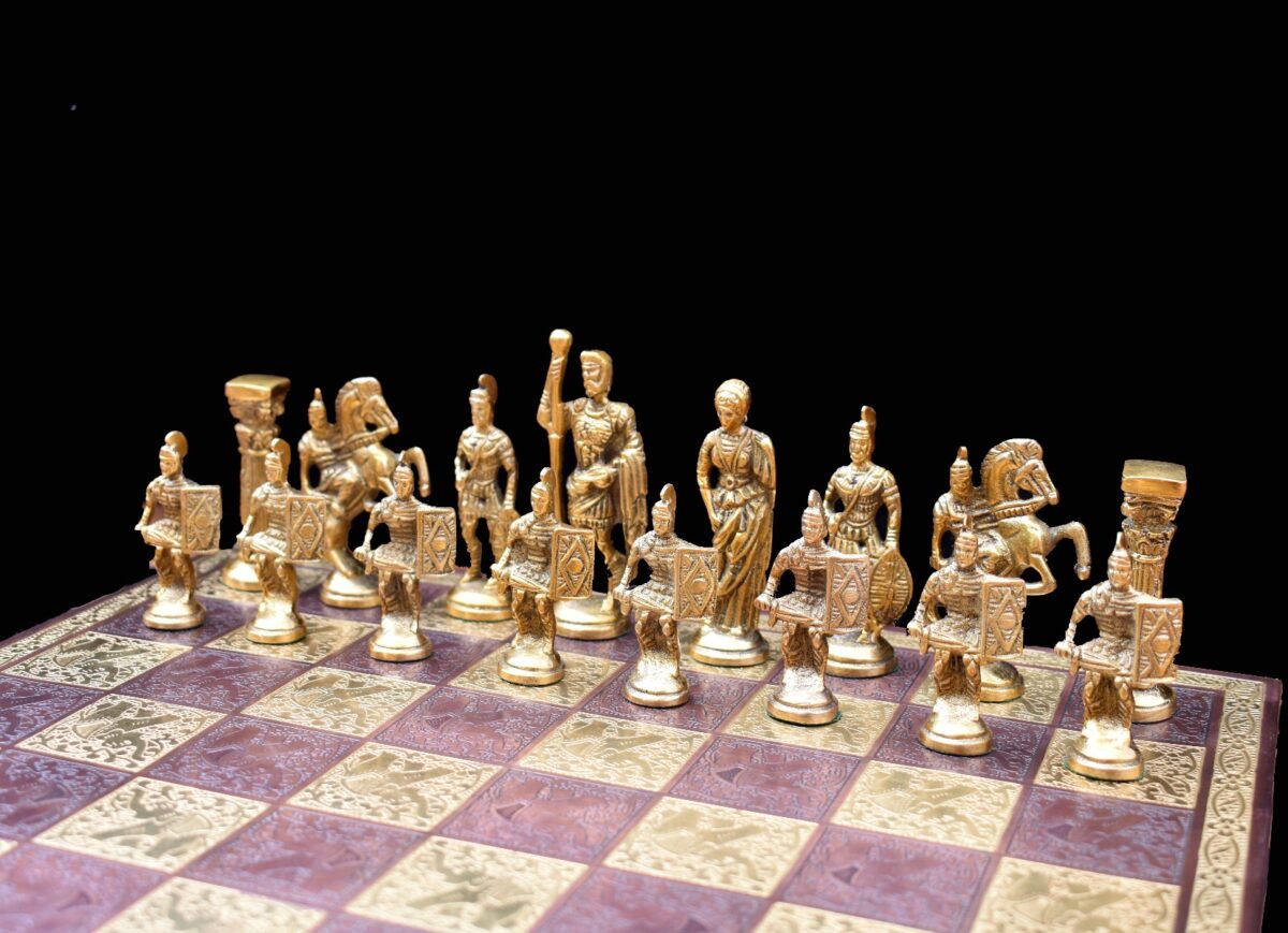 Roman Art Series Chess Set Solid Natural Brass & Copper Color Brass 3.25" King with Chess Board & chess storage-5539