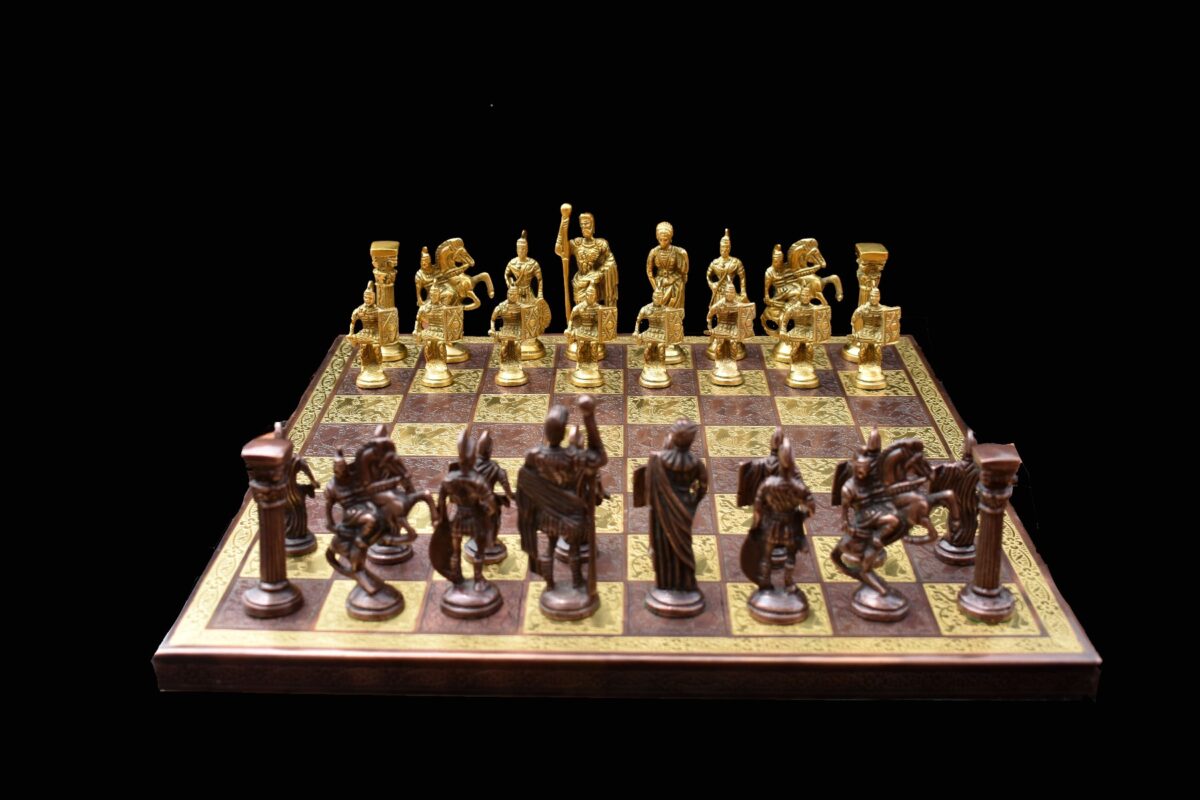 Roman Art Series Chess Set Solid Natural Brass & Copper Color Brass 3.25" King with Chess Board & chess storage-5537