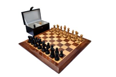 British Series Chess set Boxwood & Ebonized 3.25" King with 1.75" square chess Board & chess storage box -0