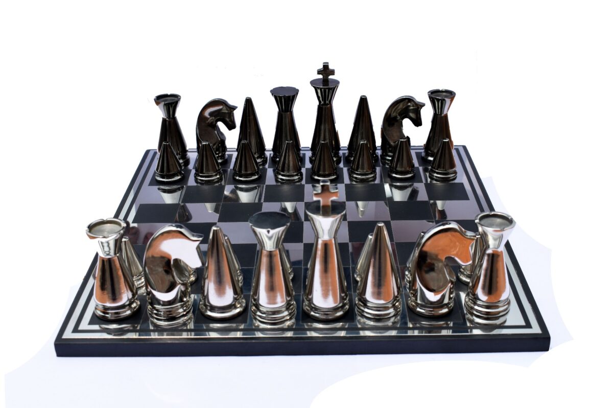 Art Beauty Chess Set Silver & Black Coated Solid Aluminum 4" King with 14" Chess board-5381